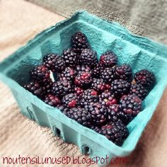 a blue container filled with blackberries on top of a bed next to a blanket