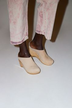 No.6 New School Clog on Wedge in Bone Beige Leather Wedge Heel Clogs, Beige Suede Clogs With Leather Sole, Cream Closed Toe Clogs With Wooden Heel, Cream Leather Clogs With Wooden Heel, Pale Beige, Wooden Wedges, No 6, New School, Nubuck Leather