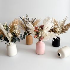 three vases with flowers and plants in them on a white surface, next to rolls of toilet paper