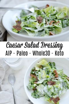 caesar salad dressing with bacon and lettuce in a white bowl next to a glass of water