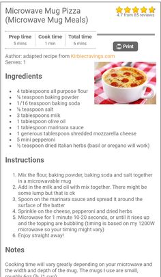 the recipe for microwave mug pizza is shown