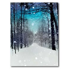 a snowy scene with trees and snow falling from the sky, on an ipad screen