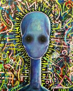 an alien is shown in this colorful painting