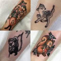 four different tattoos on the legs of people with animals and flowers around them, all done in black and grey ink