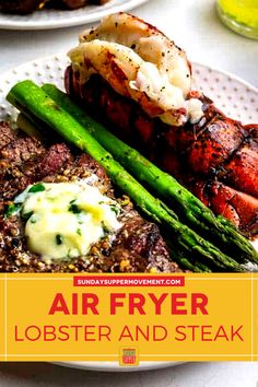 an advertisement for air fryer surf and turf with asparagus on the side