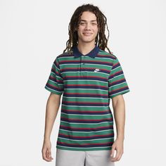 The classic polo design mixes knit pique fabric with a relaxed fit for laid-back comfort—with a collar. Casual Green Polo Shirt For Streetwear, Nike Casual Short Sleeve Polo Shirt, Casual Nike Cotton Polo Shirt, Fitted Multicolor Polo Collar Shirt, Cheap Polo Collar Sports T-shirt, Classic Striped Polo Collar T-shirt, Sporty Cotton Polo Collar T-shirt, Striped Polo Collar Cotton T-shirt, Polo Design