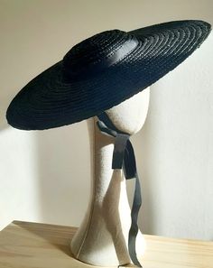 Wide Brimmed Black Straw Boater Hat - Etsy Elegant Adjustable Woven Hat Bands, Fitted Flat Crown Panama Hat For Beach, Fitted Black Straw Hat With Wide Brim, Black Adjustable Panama Hat With Flat Crown, Adjustable Black Boater Hat With Flat Crown, Black Adjustable Boater Hat With Flat Crown, Elegant Straw Hat With Flat Crown For Beach, Elegant Panama Hat With Flat Crown For Beach, Summer Evening Fedora Hat