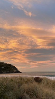 the beach is covered in tall grass as the sun sets over the ocean and hills