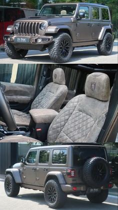 two pictures of the inside and outside of a jeep with leather seats in different positions