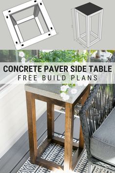 a table and chair with the text, concrete paver side table free build plans