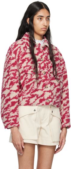 Insulated virgin wool-blend bouclé jacket. Jacquard graphic pattern throughout. · Spread collar · Button closure · Flap and welt pockets · Dropped shoulders · Single-button barrel cuffs · Central seam at back · Quilted polyester taffeta lining · Logo-engraved hardware Supplier color: Raspberry/Beige Wool Jacquard Knit Outerwear For Work, Moncler Jacket, Raspberry Color, Boucle Jacket, Wool Blend Jacket, Isabel Marant Etoile, Pink Beige, Outerwear Coats, Relaxed Style