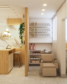 the interior of a hair salon with chairs and shelves