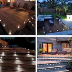 four different types of outdoor lighting in the night and on the day, including decking