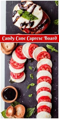 two pictures with different types of food on them and the words candy cane board written in red