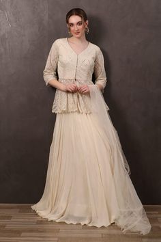 Off-white net lehenga with an attached cancan and pleated detailing. Comes with a thread, sequins and mirror embroidered kurta and a dupatta. - Aza Fashions V Neck Kurta, Kurta Lehenga, Lehenga Pattern, Net Lehenga, Set For Women, Aza Fashion, Three Quarter, Lehenga, Destination Wedding