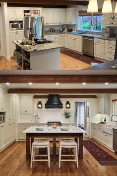 two pictures of a kitchen with white cabinets and an island in front of the sink