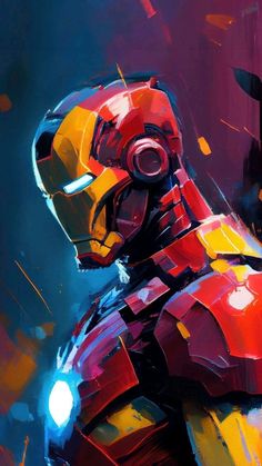 a painting of iron man standing in front of a purple and red background with light coming from his chest