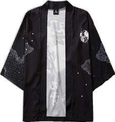 Black Cotton Kimono For Summer, Black Printed Cotton Outerwear, Casual Black Kimono With Short Sleeves, Black Kimono Sleeves Top For Spring, Casual Black Tops With Kimono Sleeves, Black Cotton Outerwear For Summer, Black Cotton Summer Outerwear, Summer Black Cotton Outerwear, Black Printed Kimono With Kimono Sleeves