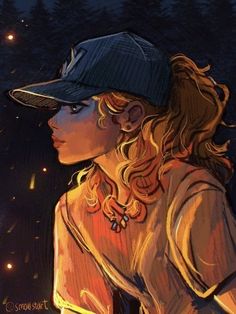 a drawing of a woman wearing a baseball cap and looking at the stars in the sky