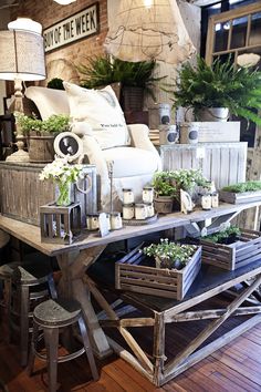 a living room filled with lots of furniture and plants on top of it's tables