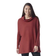 Comfort meets style in the Women’s Edgewood Poncho Sweater. This sweater’s look is simple yet elegant and offers a ribbed cowl neck and ribbed sleeves with drop shoulders for comfort. And, because it’s made with polyester and responsibly sourced Merino wool, you know you’re reducing your environmental impact. Gear up for cooler weather with this sweater! | Smartwool Women's Edgewood Poncho Sweater in Currant Marl | Size: XS Fitted Merino Wool Sweater In Solid Color, Stretch Merino Wool Solid Color Tops, Stretch Merino Wool Solid Top, Maroon Sweater Cotton, Luxury Red Merino Wool Sweater, Bell Sleeve Sweater, Poncho Sweater, Knitting Women Sweater, Wrap Sweater