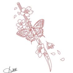 a drawing of a butterfly on a knife with flowers and leaves around its wings,