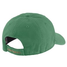 a green hat with the word, carhart on it