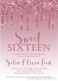 Pink Ombre Sweet 16 Party Invitations 16 Birthday Party Invitations, White Ombre Background, 16 Party Invitations, Pink Glitter Paint, 60th Birthday Ideas For Mom, Pink And White Ombre, Dripping Effect, Sweet 16 Party Invitations, Pink Sweet 16