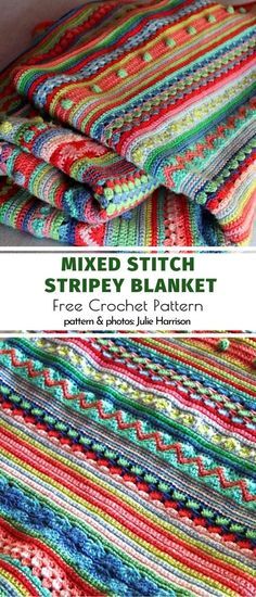 the finished crochet blanket is folded on top of each other, with text overlay that reads mixed stitch stripey blanket free crochet pattern