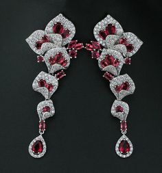 Red and Clear CZ 3" Long Floral Wedding and Formal Earrings Silver Bridal Earrings For Valentine's Day Wedding, Glamorous Red Earrings For Wedding, Glamorous Red Wedding Earrings, Red Chandelier Drop Earrings For Wedding, Crystal Wedding Earrings For Valentine's Day, Red Crystal Chandelier Earrings For Wedding, Red Cubic Zirconia Bridal Earrings For Party, Formal Earrings, Cz Earrings