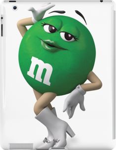 a cartoon character holding onto a green ball with the letter m on it's face