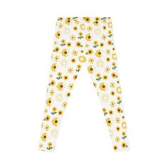 These are perfect for your summer workouts. The cute yellow sunflower and spring floral design will add a cheery touch to your exercise attire. Made with bright, breathable material, you'll feel comfortable and stylish all morning long. The most comfortable item in your clothing shop, these casual leggings are so smooth no one will ever want to step out of them. They're made from 83% polyester, 17% spandex and sport a silky finish. Perfect for chilling in the house and working out – the elastic waistband keeps them in place at all times. A size and care label is already attached. .: Material: 83% polyester, 17% spandex.: Seam thread color automatically matched to design (black or white).: Durable and stretchy fabric.: Runs true to size.: Size and care information printed inside the waistba Trendy Cotton Yoga Pants For Spring, White Cotton Yoga Pants For Spring, Yellow Stretch Casual Activewear, Casual Floral Print Yoga Activewear, Casual Floral Print Activewear For Workout, Spring Yoga Leggings With Relaxed Fit, Casual Yellow Activewear For Yoga, Spring Workout Cotton Yoga Pants, Floral Print Leggings For Spring Loungewear