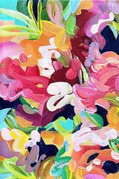 an abstract painting of pink and yellow flowers