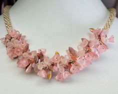 "Beautiful blush pink beaded necklace over 1200 beads, lucite flowers, glass, Swarovski crystal and gemstones. The necklace is braided in the traditional kumihimo method. It is woven together in the traditional Japanese Kumihimo bead weaving method wherein the beads are strung onto the braiding threads one by one according to a pre-planned pattern before any braiding begins. They are then worked into the body of the braid, one strand at a time. The beads are pulled up with each braid sequence. T Pink Beaded Necklace, Lucite Flowers, Necklace Bridal, Beaded Rope, Hair Wear, Rope Necklace, Scrunchie Hairstyles, Traditional Japanese, Bead Weaving