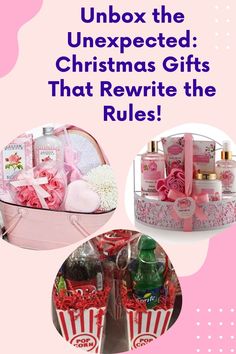 a pink box filled with lots of different items next to the words unbox the unexpected christmas gifts that rewrite the rules