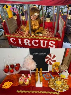 there is a circus booth set up with food