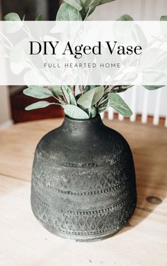 a vase with some plants in it sitting on a table next to the words diy aged vase