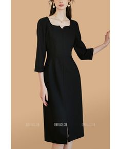 Buy simple square neckline knee length dress with sleeves at wholesale price online. Free shipping and pro custom service since 2009. Square Neck Dresses For Work, Fitted Square Neck Midi Dress For Office, Square Neck Midi Dress For Office In Summer, Fitted Midi Dress With Square Neck For Office, Square Neck Midi Dress For Work, Formal Square Neck Solid Color Dress, Formal Dresses With Square Neck In Solid Color, Formal Dresses With Square Neck, Formal Solid Color Dress With Square Neck