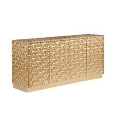 a gold sideboard with geometric designs on the front and sides, against a white background