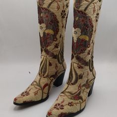 This Is Handmade Genuine Leather Custom Made Cowboy Style Boots. There Is Every Size Is Available, 6 Us To 10.5 Us, 36 Eu To 42 Eu. Fabric Boots With Fitted Round Toe, Fitted Fabric Boots With Round Toe, Fabric High Heel Boots, Beige Fitted Snip Toe Heeled Boots, Fashion Cowboy Boots, Cowboy Style, Style Boots, Cowboy Western, Boots Leather