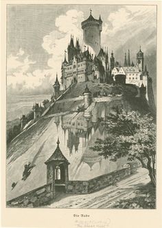 an old drawing of a castle on top of a hill