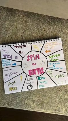 a spiral notebook with the words spin the bottle on it