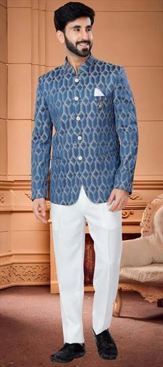 Blue color Jodhpuri Suit in Jacquard fabric with Broches, Weaving work Jacquard Fabric, Blue Suit, Blue Color, Weaving, Blue, Fabric, Color