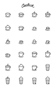 coffee cups and saucers are shown in this outline art drawing style, with the words creation above them