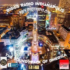 an aerial view of a city at night with the words big's radio indianapolis on it