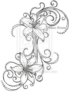 a drawing of flowers and swirls on a white background