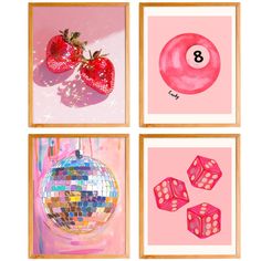 four pictures with different shapes and numbers on them, including a ball, dice, and strawberry