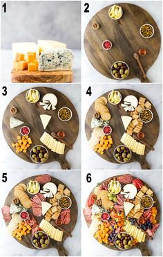 the steps to make a cheese board with different types of cheeses and meats