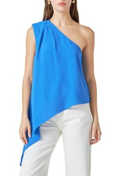 Channel breezy style in this asymmetric top that's a contemporary style standout. One-shoulder neck Lined 97% polyester, 3% spandex Hand wash, dry flat Imported Blue Fitted One-shoulder Top, Modern One-shoulder Summer Blouse, Stretchy Summer Top With Asymmetrical Hem, Blue Asymmetrical Blouse, Summer One-shoulder Stretch Top, Versatile Stretch One Shoulder Top For Summer, Summer Stretch One Shoulder Top With Asymmetrical Neckline, Summer Stretch One-shoulder Top With Asymmetrical Neckline, Chic One-shoulder Stretch Top