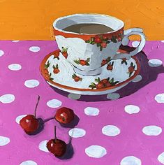 a painting of a cup and saucer with cherries on a pink tablecloth